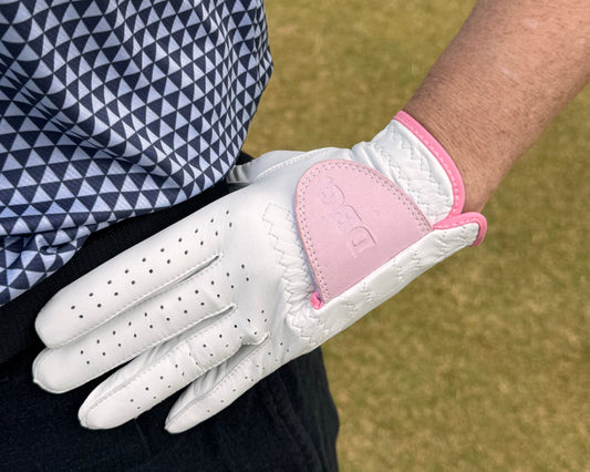 3 pack of Limited Edition Pink and Red Coloured Tab Women's Cabretta Leather Tour Golf Gloves