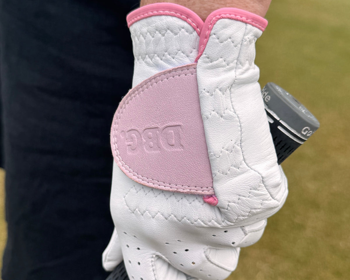 3 pack of Limited Edition Pink and Red Coloured Tab Women's Cabretta Leather Tour Golf Gloves